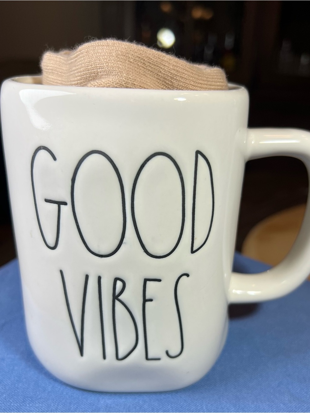 Rae Dunn ‘ Good Vibes’ Ceramic Mug in White Includes socks